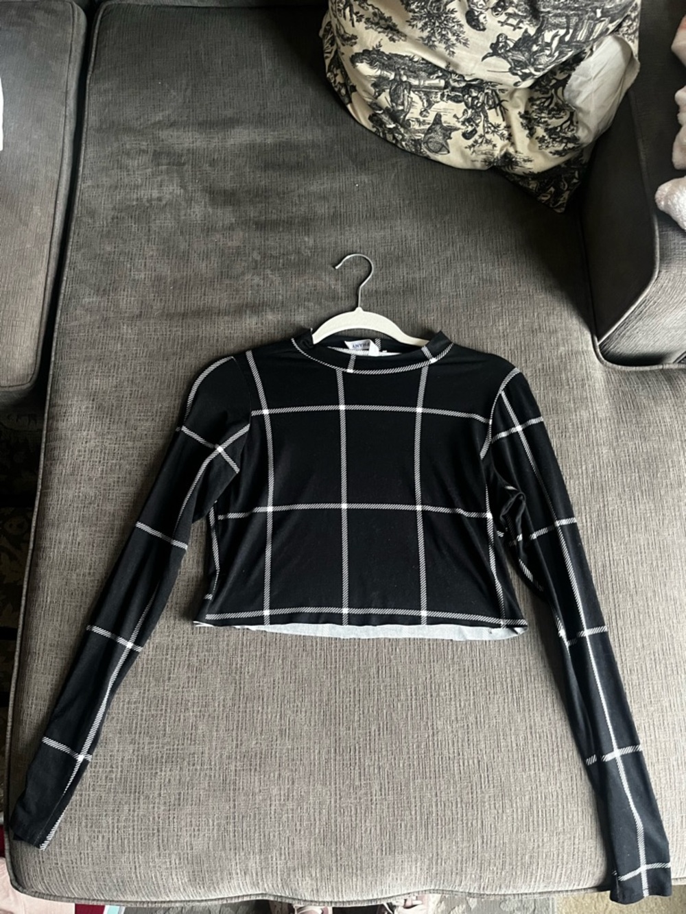 Black Windowpane Grid Long Sleeve Crop Top